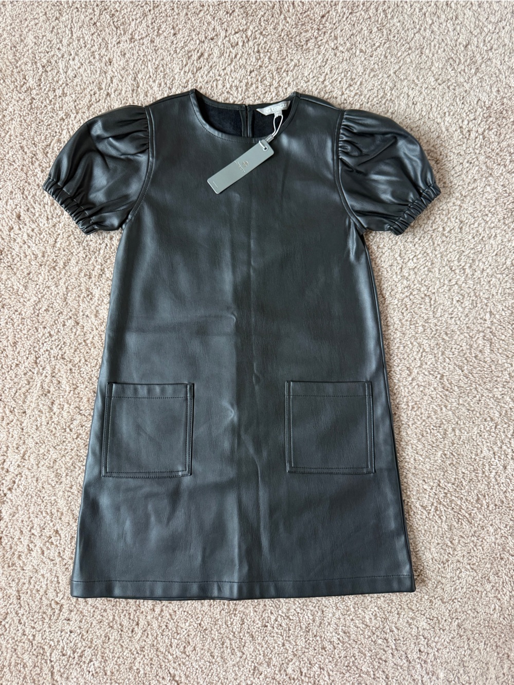 Tractr Black Faux Leather Puff Sleeve Kids Dress
